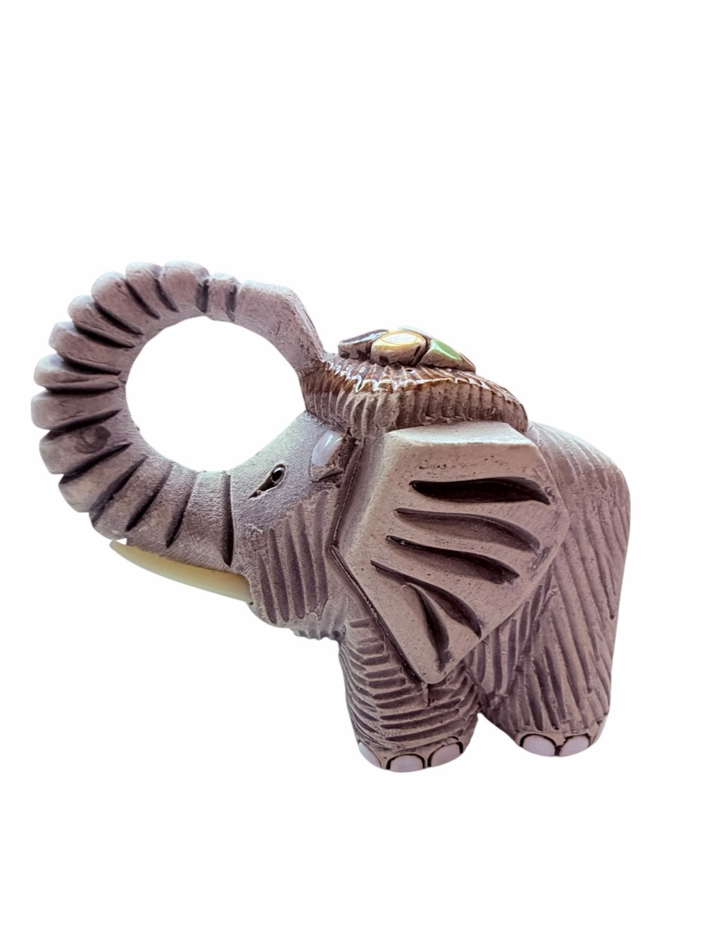 Vintage Sculptured Clay Artesania Rinconada Elephant Figurine w Headdress